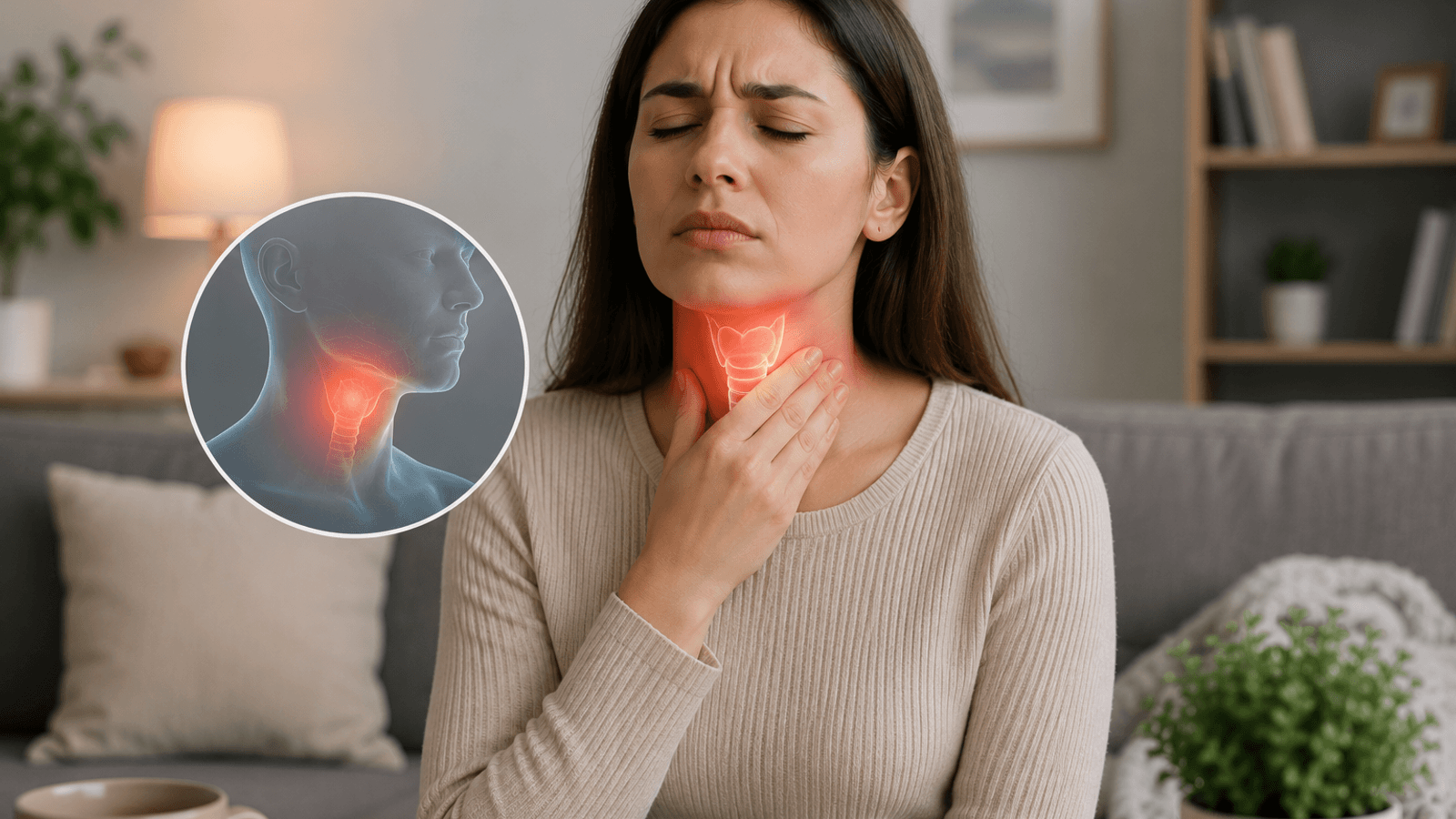 Boğazını tutan bir kadın; yanında boğaz ve gırtlak bölgesini gösteren anatomik şema
